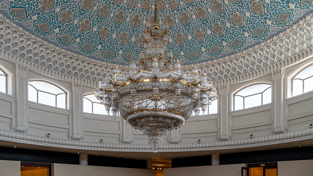 View of the chandelier from the second floor